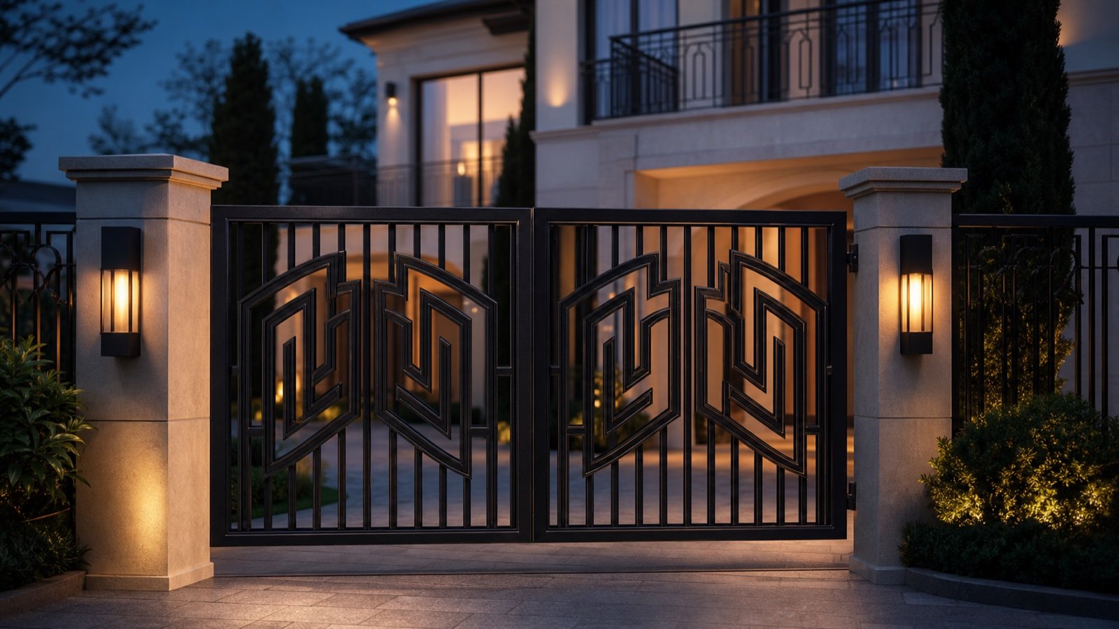 Villa girişinde ferforje bahçe kapısı